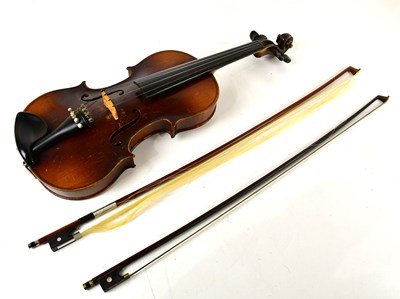 Lot 1625 - A full size two-piece back violin with bow,...