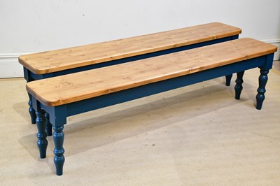 Lot 2299 - A pair of blue painted pine benches on turned...