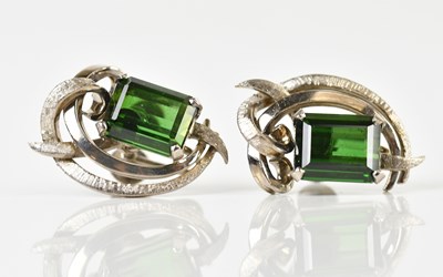 Lot 1674 - A pair of white metal tourmaline set screw...
