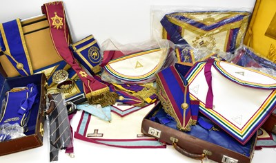 Lot 401 - Six various cases containing Masonic regalia,...