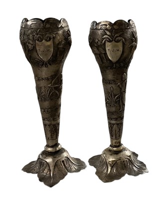 Lot 1259 - A pair of Indian white metal trumpet vases,...