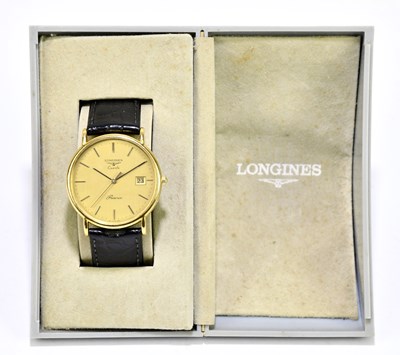 Lot 1717 - LONGINES; a gentleman's quartz 'Presence' gold...