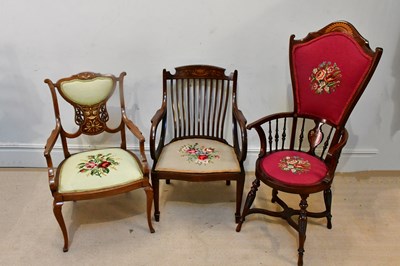 Lot 2371 - An Edwardian inlaid mahogany high back elbow...