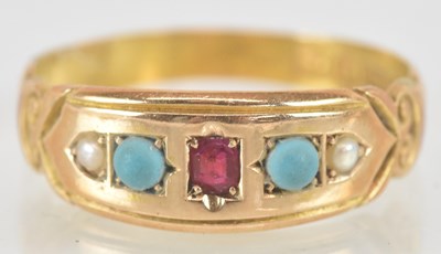 Lot 1460 - A 15ct yellow gold seed pearl, turquoise and...