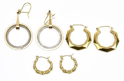 Lot 1501 - Three pairs of 9ct yellow gold hoop earrings,...