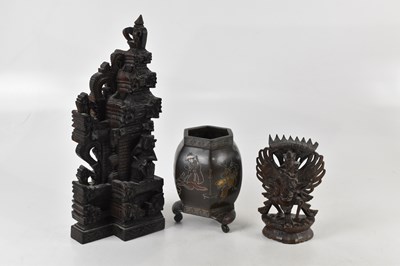 Lot 568 - A Japanese bronze vase on stand, of hexagonal...
