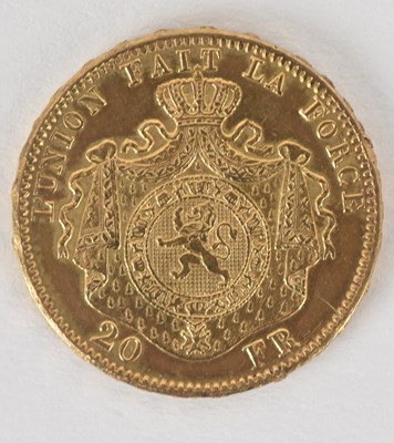 Lot 1584 - An 1875 Belgian twenty franc gold coin, approx...
