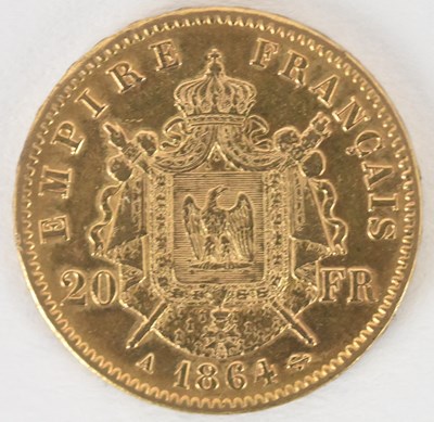 Lot 1582 - A Napoleon III 1864 twenty franc gold coin.