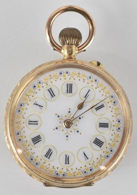 Lot 1659 - A 14k gold small floral decorated open face...