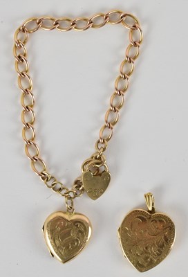 Lot 1389 - A 9ct gold bracelet with gold heart shaped...