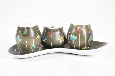 Lot 2705 - DENBY; a cloisonne pattern three piece cruet...