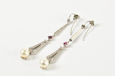 Lot 1668 - A pair of white metal diamond, ruby and pearl...