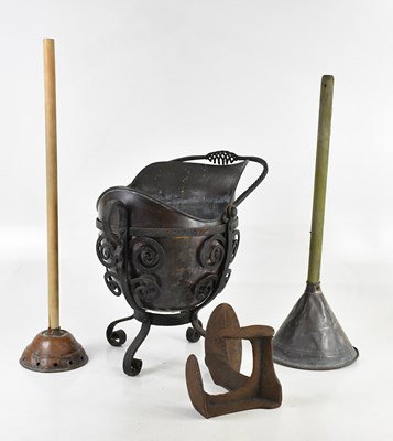 Lot 2638 - A copper and wrought iron coal bucket, two...