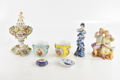 Lot 2769 - DRESDEN; a pair of twin handled hand painted...
