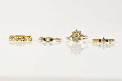 Lot 1431 - Three 9ct yellow gold dress rings, two...