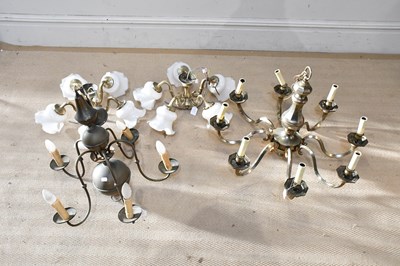 Lot 2650 - A brass eight branch ceiling light and three...