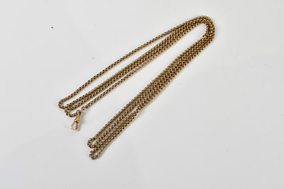 Lot 1600 - A 9ct yellow gold long guard with sprung clasp,...