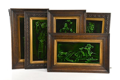 Lot 2778 - A group of five green glazed Majolica tiles,...