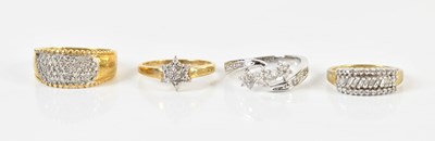 Lot 1403 - Four 9ct diamond set dress rings, sizes Q, L...