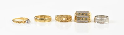 Lot 1366 - Five 9ct gold dress rings, combined approx...
