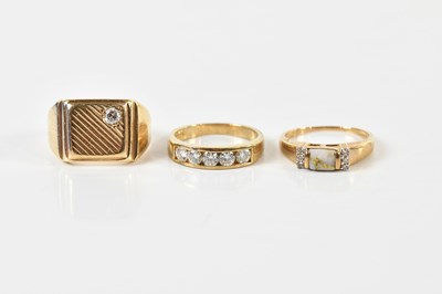 Lot 1412 - Three 9ct yellow gold dress rings, combined...