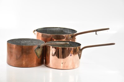 Lot 2621 - Three 19th century copper saucepans, diameter...