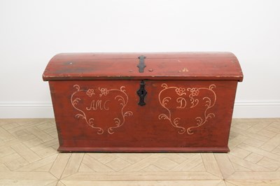 Lot 2365 - A Scandinavian red painted pine dome top trunk,...
