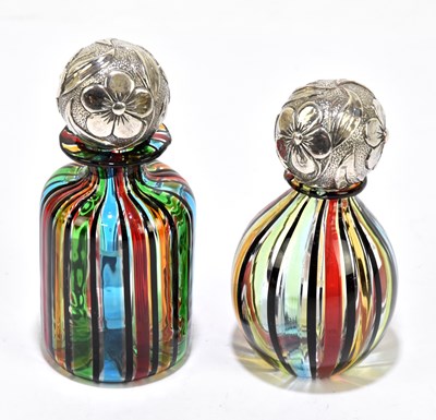 Lot 1161 - Two Italian coloured glass scent bottles with white metal ball stoppers