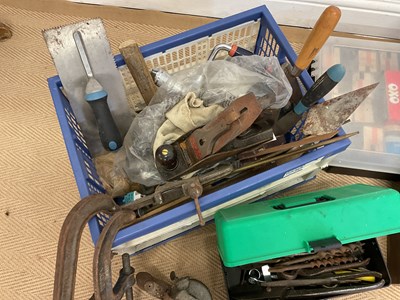 Lot 42 - A quantity of tools and two storage containers,...