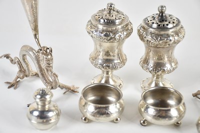 Lot 69 - A pair of Chinese white metal bud vases,...