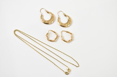 Lot 1692 - Two pairs of 9ct yellow gold hollow hoop...