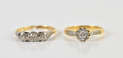 Lot 1361 - Two 18ct yellow gold diamond set rings (one...