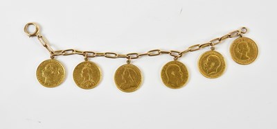 Lot 1529 - A 9ct yellow gold bracelet set with six full...