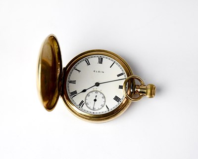 Lot 1253 - ELGIN; a yellow metal full hunter pocket watch,...