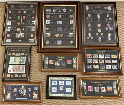 Lot 314 - A group of framed and glazed stamp and coin...