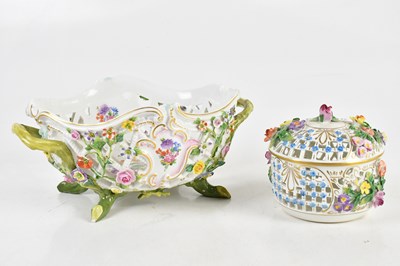Lot 2760 - MEISSEN; a twin handled floral encrusted...