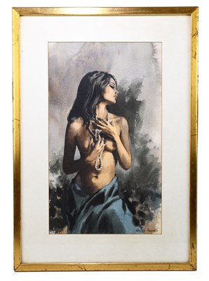 Lot 1425 - RONALD MOORE; watercolour, female nude with pearls