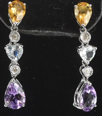 Lot 1407 - A pair of 9ct white gold citrine, aquamarine...
