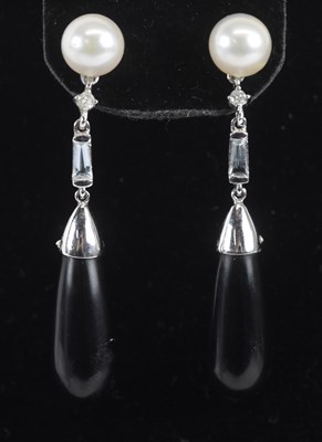 Lot 1395 - A pair of 18ct white gold diamond, aquamarine...