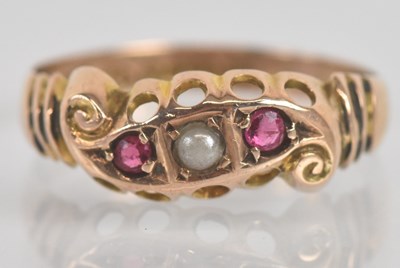 Lot 1332 - An antique 9ct rose gold ruby and pearl three...