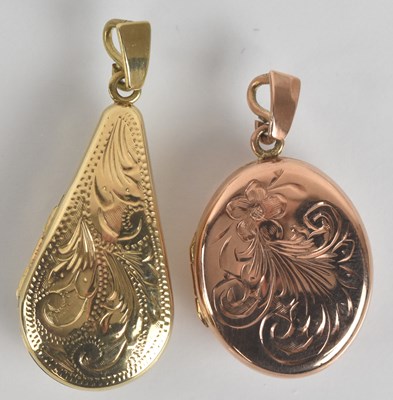 Lot 1480 - A 9ct rose gold oval engraved locket, length...