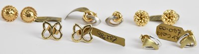 Lot 1404 - Five pairs of 9ct yellow gold ear studs,...