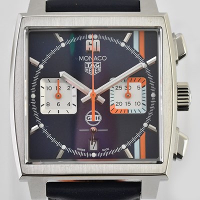 Lot 55 - TAG HEUER; a special edition Monaco Gulf, with...