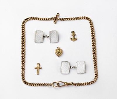 Lot 1216 - A 9ct gold Albert chain, three small 9ct gold...