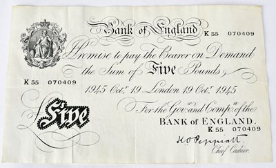 Lot 701 - BANK OF ENGLAND; a £5 note (white fiver),...
