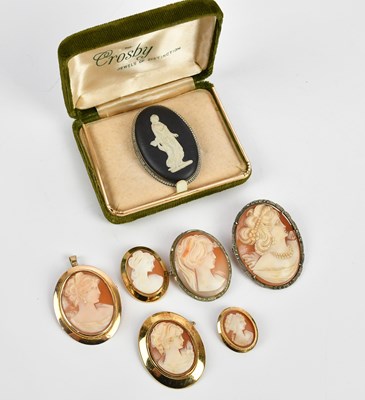 Lot 263 - Three yellow metal mounted cameo type brooches,...