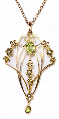 Lot 1385 - An Edwardian 9ct gold seed pearl and peridot...
