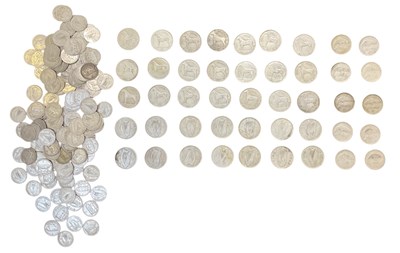 Lot 1592 - A quantity of brass threepence coins, mostly...