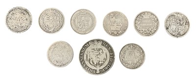 Lot 1588 - Eight silver shillings consisting of George...