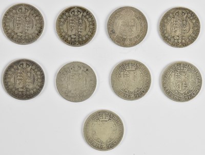 Lot 1586 - Nine silver half crown coins comprising six...